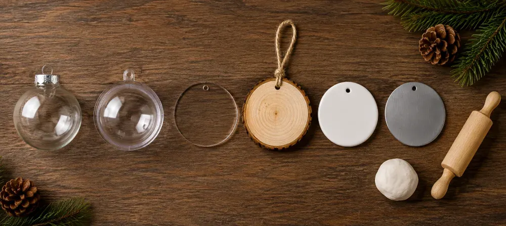 Variety of Christmas ornament blank materials including glass, acrylic, wood, ceramic, and metal laid out for comparison