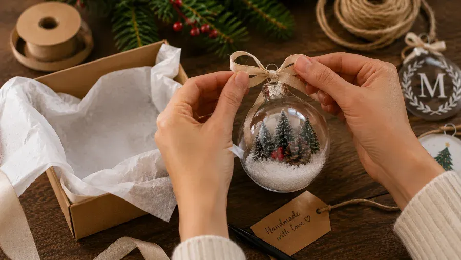 Tying ribbon onto a finished glass ornament before placing it in a tissue-lined gift box