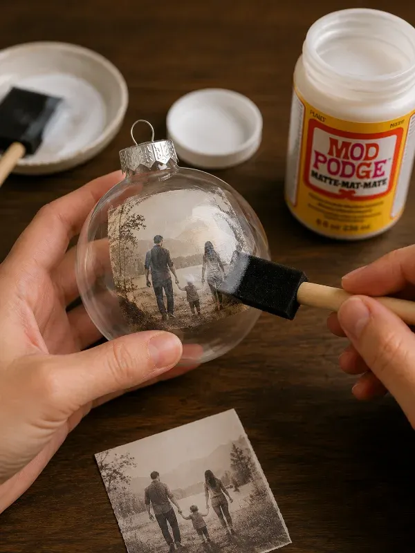 Smoothing a photo transfer onto a clear ornament using decoupage medium
