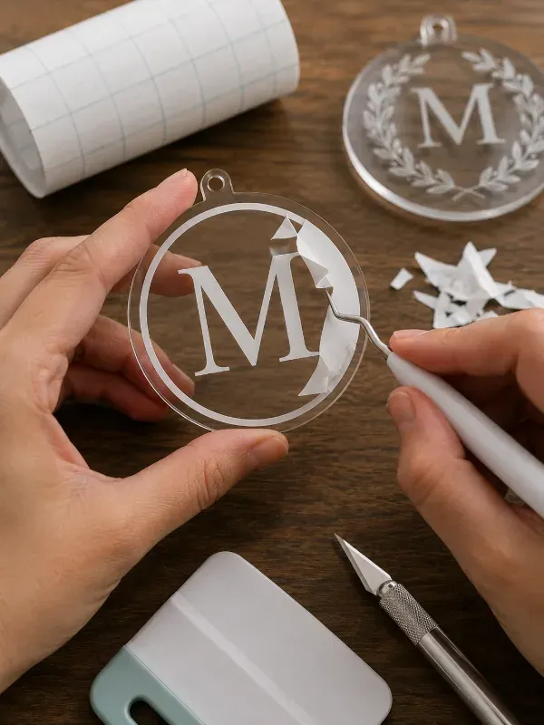 Hands weeding a vinyl monogram design before applying it to an ornament