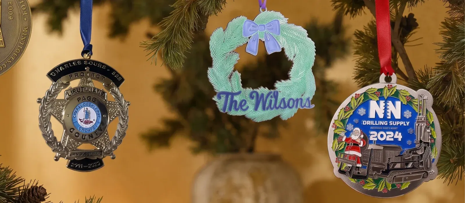metal ornaments on tree