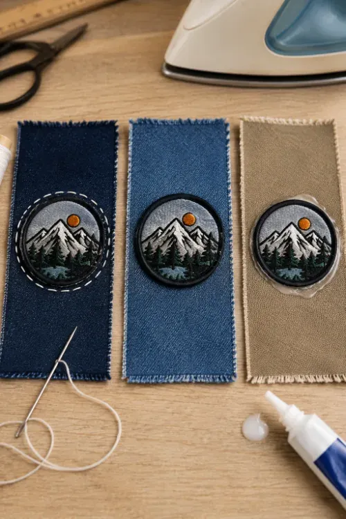 Comparison of sew-on, iron-on, and glued patch attachment methods on fabric swatches.