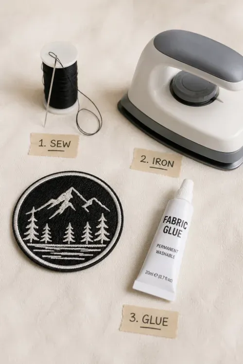 Sewing thread, mini iron, and fabric glue laid out as options for attaching patches to a jacket.