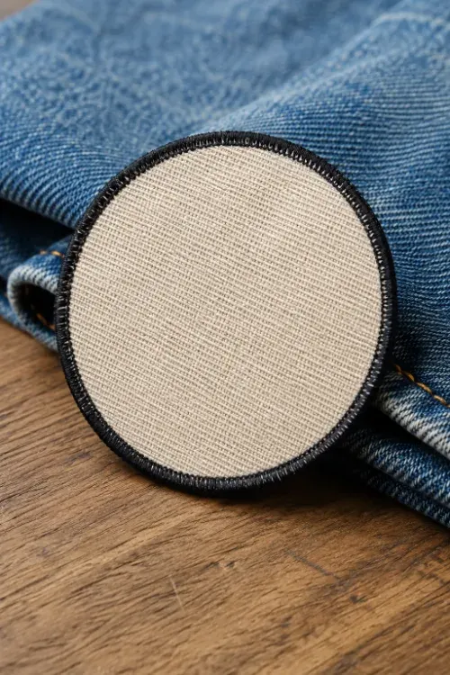 Close-up of a patch backing held against denim fabric to check compatibility before attaching.