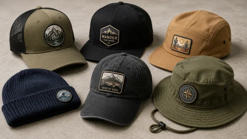 Comparison of patch placement on different hat styles including baseball cap, beanie, and bucket hat