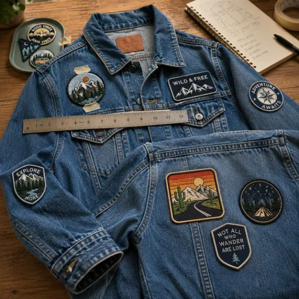 Jacket laid flat with patches arranged and taped in place to test placement before attaching permanently.