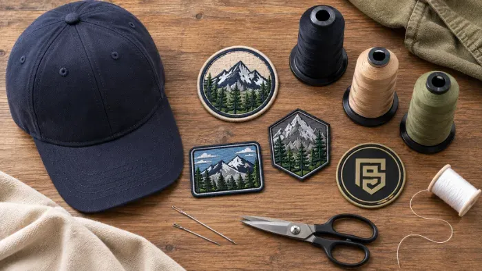 Flat-lay of supplies needed to sew custom patches on hats, including patches, thread, and needles