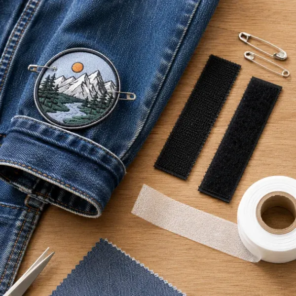 Hook-and-loop fastener, safety pins, and hem tape shown as temporary or supportive patch attachment options.
