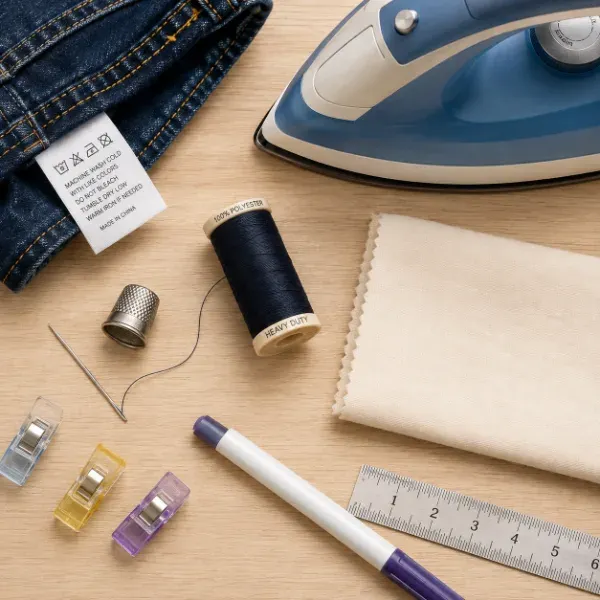Sewing and ironing tools laid out for prepping a jacket before attaching patches.