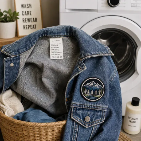 Patched jacket turned inside out near a laundry basket, showing proper care before washing.