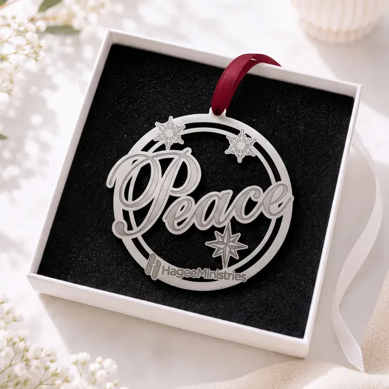 Peace photo etched ornament in box
