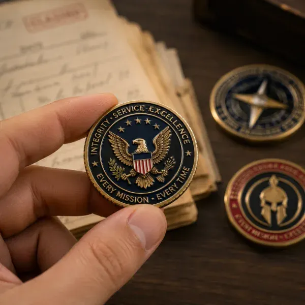 Close-up of a hand holding a challenge coin at an angle to examine its detail and provenance
