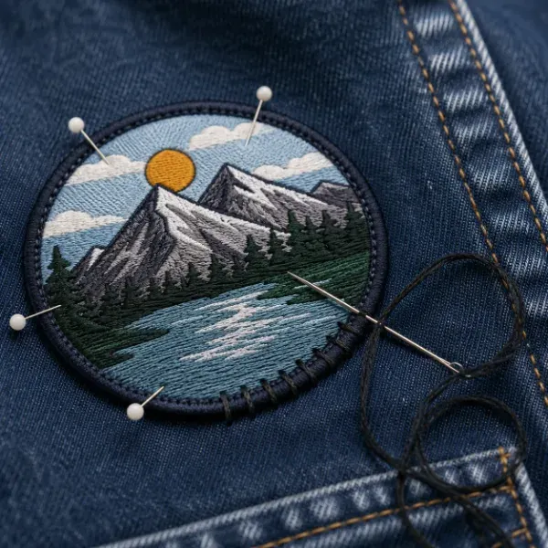 Close-up of a patch being hand sewn onto jacket fabric using a whip stitch along the edge.