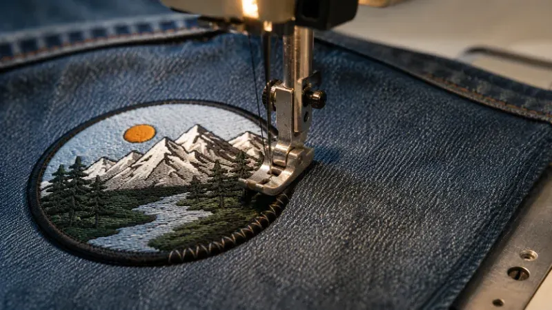 Sewing machine stitching a patch onto a flat panel of jacket fabric using a zigzag stitch.