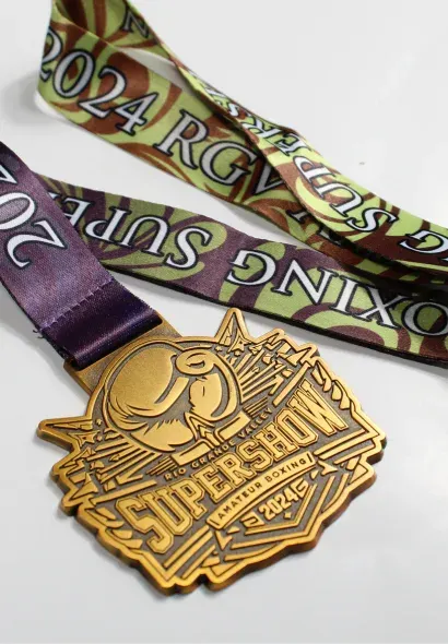 Custom college award medal on a neck ribbon