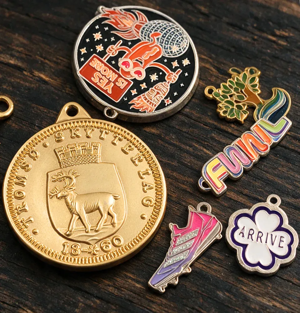 bulk order of logo charms made by The Monterey Company unique shapes colors and finishes