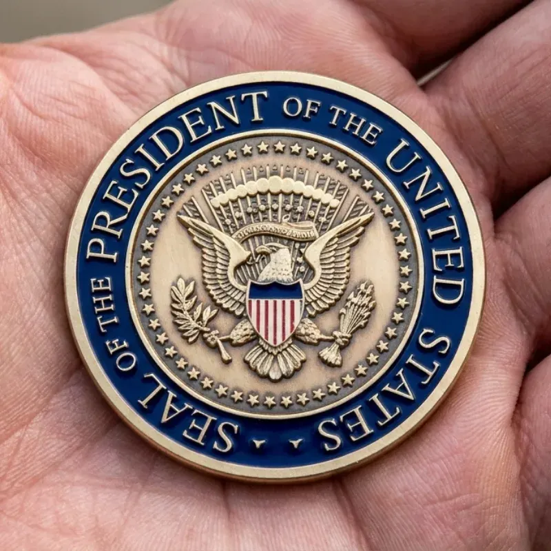 Custom challenge coin sample held in hand